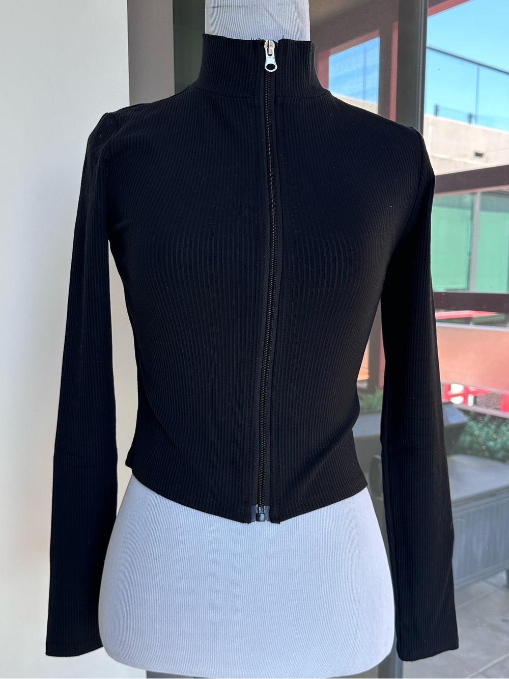 Forever 21 Black Ribbed Zip-Up Mock Neck Top